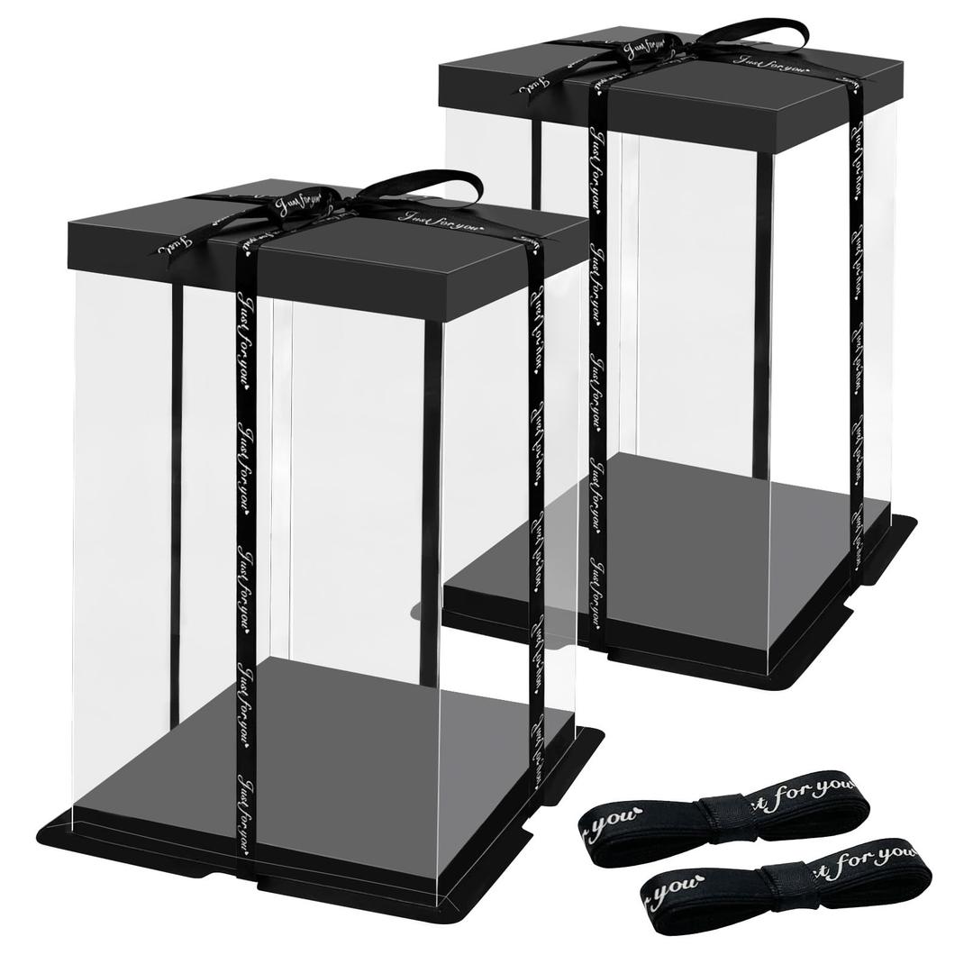 TEMPSPACE 2PCS Clear Gift Boxes Transparent Gift Cake Box, 6.8 * 6.8 * 11.5 inch Transparent Display Case Gift Boxes with Base, Lid & Ribbon for Wedding, Birthday, Christmas, Thanksgiving, Party