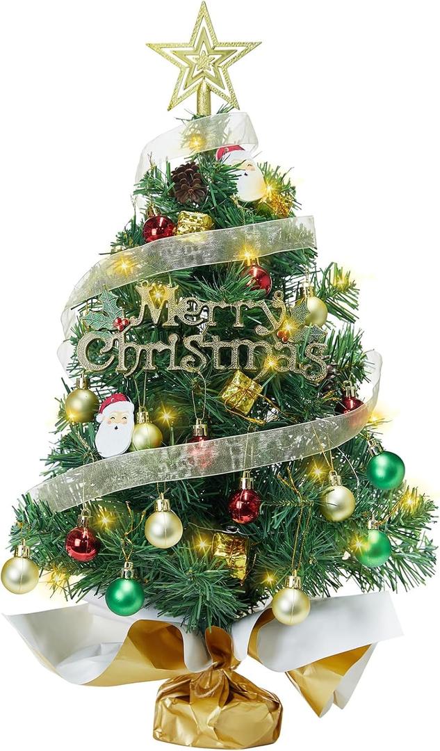 Small Mini Christmas Tree with 50 LED Lights 24 Inch /2FT Tabletop Prelit Artificial Christmas Tree Decorated Gift Boxes and Hanging Ornaments for DIY Christmas Decoration Battery Powered (Green)
