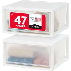 IRIS USA 47 Qt. Extra-Large Stackable Storage Drawer Plastic Drawer Organizer with Clear Doors, for Pantry Bedroom Closet Kitchen Under-Sink Home and Office De-Clutter Shoes and Crafts, White, 2-Pack