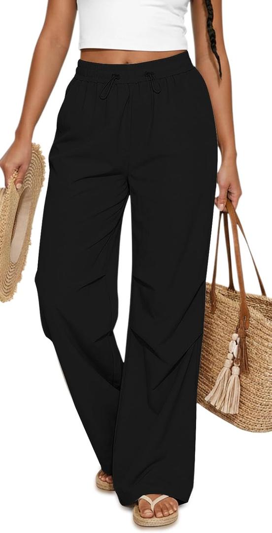 Women Super Lightweight Wide Leg Loose Fit Elastic High Waisted Palazzo Pants Casual Summer Cruise Outfits (Black, XL)