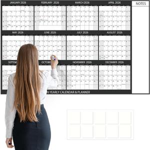 2026 Jumbo Oversized Wall Calendar 58x37in Wet Dry Erase 12 Month Annual Yearly Extra Large Wall Planner Gray Laminated Paper Wall Calendar with Note for School Home Office Planning,Cut into 3pcs