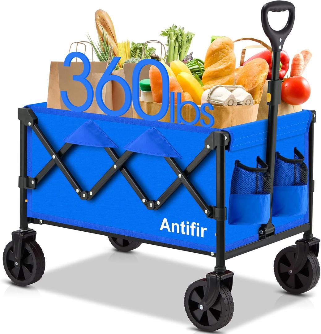 Collapsible Foldable Wagon with Wheels 360 LBS,Heavy Duty Folding Utility Cart for Groceries,Shopping,Garden,Camping,Outdoor,2 Drink Holders Blue