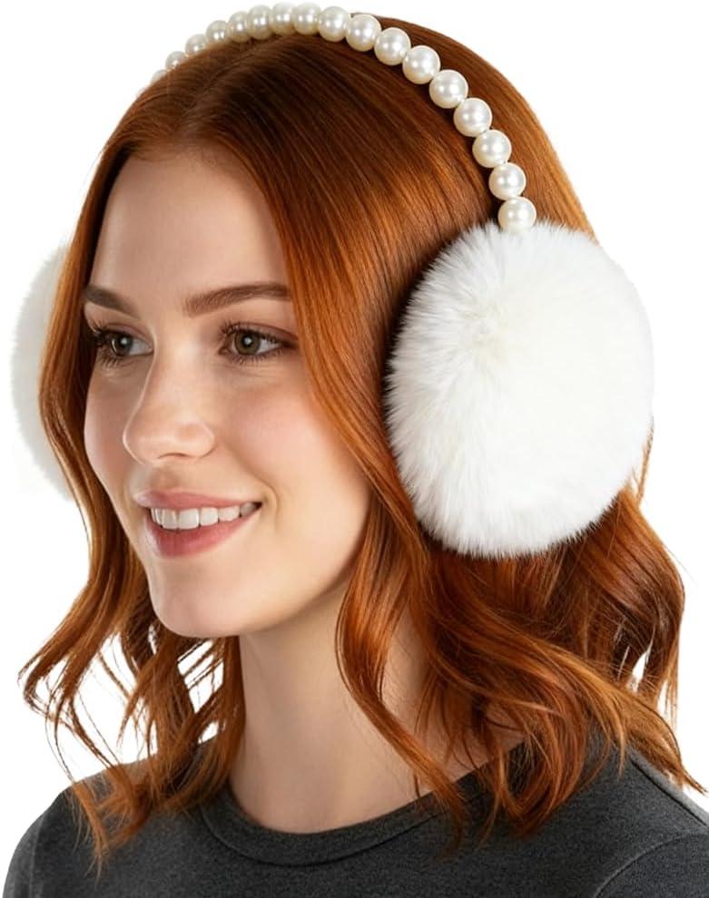 Niction Pearl Earmuffs for Women Winter Earmuffs Warmer Pearl Faux Ear Covers Fuzzy Plush Ears Muffs Comfortable Ear Warmer (White)