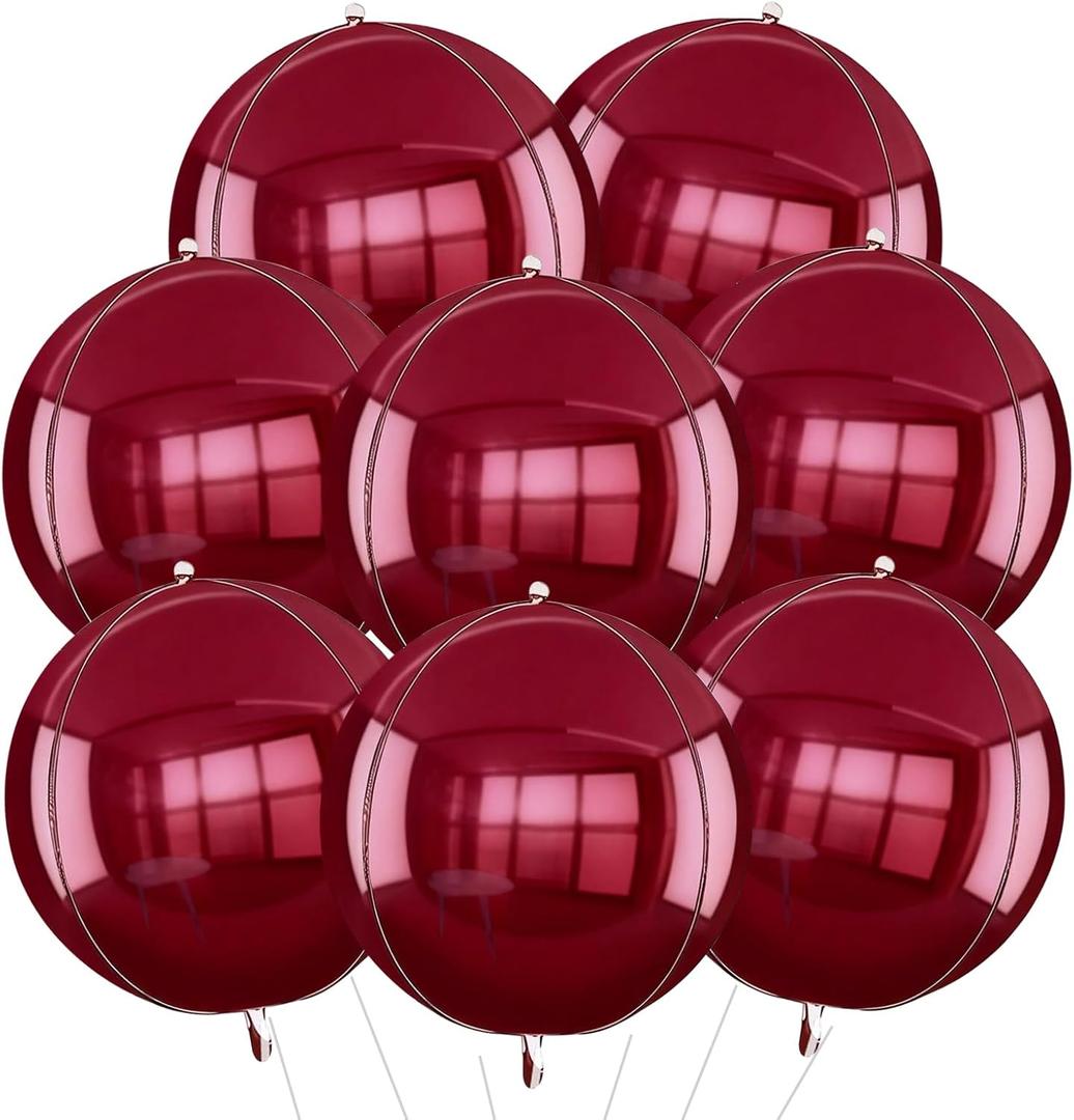 TONIFUL 8Pcs 22inch Large Wine Red 4D Giant Round Foil Balloon 4D Metallic Mylar Sephere Balloons for Christmas New Year Birthday Party Graduation Wedding Bridal Shower Decoration Supplies
