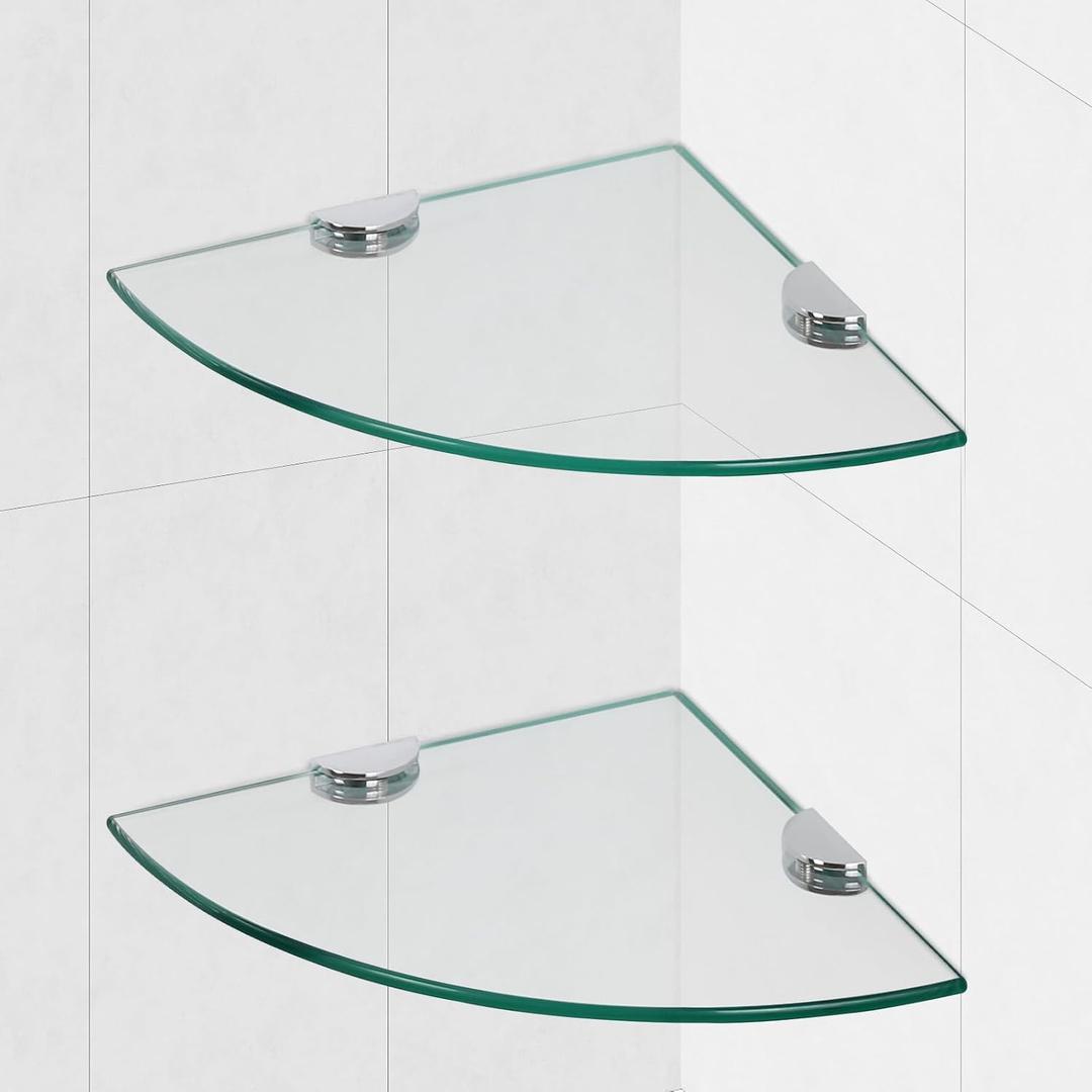 Glass Corner Shower Shelves, Tempered Floating Glass Shelves Wall Mount, Shower Caddy Organizer, Bathroom Corner Shelf with Zinc Alloy Brackets for Bathroom, Kitchen, Living Room, 9.8" x 9.8", 2 Pack, 2 PACK Without Rail