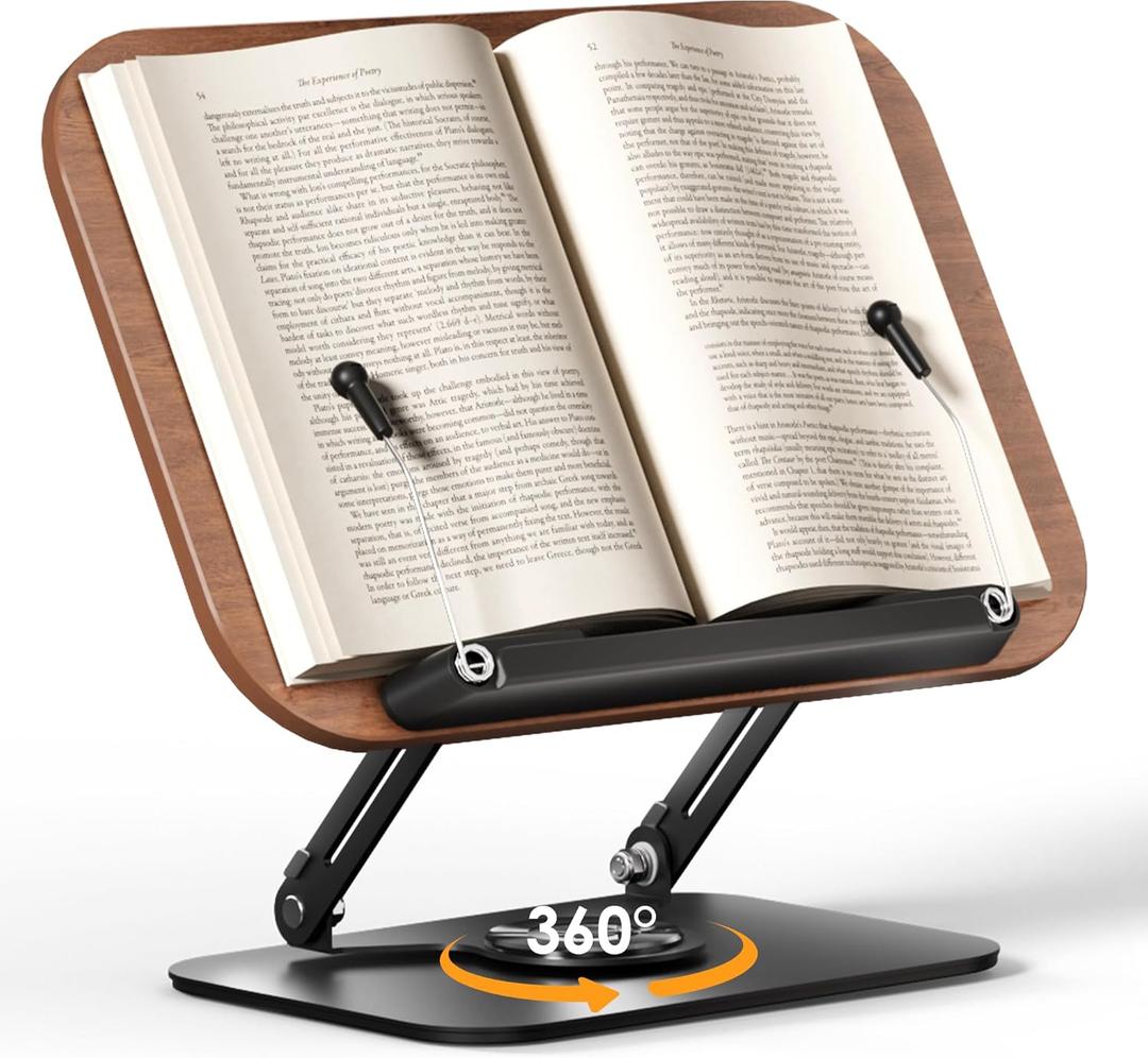SupeDesk Book Stand for Reading, Adjustable Book Holder with 360 Rotating Bases, Foldable Designs, and Elastic Clips, Multifunctional Display Stand for Recipe, Cookbooks, Magazines, Tablets, Laptops (Dark Wood)