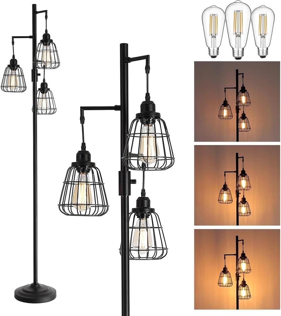 9MMML 68 Living Room Floor Lamp, Industrial Farmhouse 3 Teardrop Cage Standing Lamp,Black Tall Floor Lamp for Bedroom Office, 3 LED Edison Bulbs Included