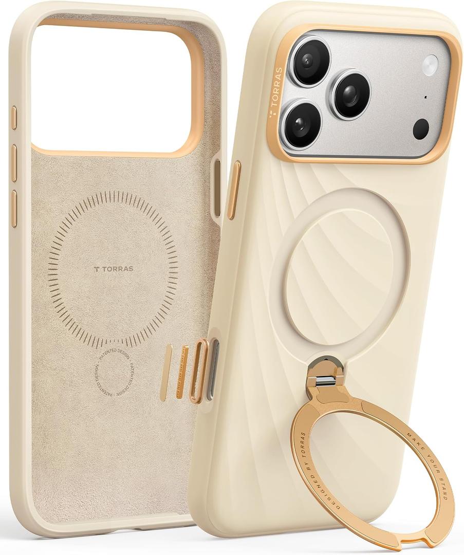 TORRAS Q3 Wind Flow for iPhone 17 Pro Case Silicone, Fit for MagSafe, Magnetic 360 Spin Stand with Camera Control, Liquid Silicone Rubber Soft Phone Case for iPhone 17 Pro 6.3'', Cream Sand