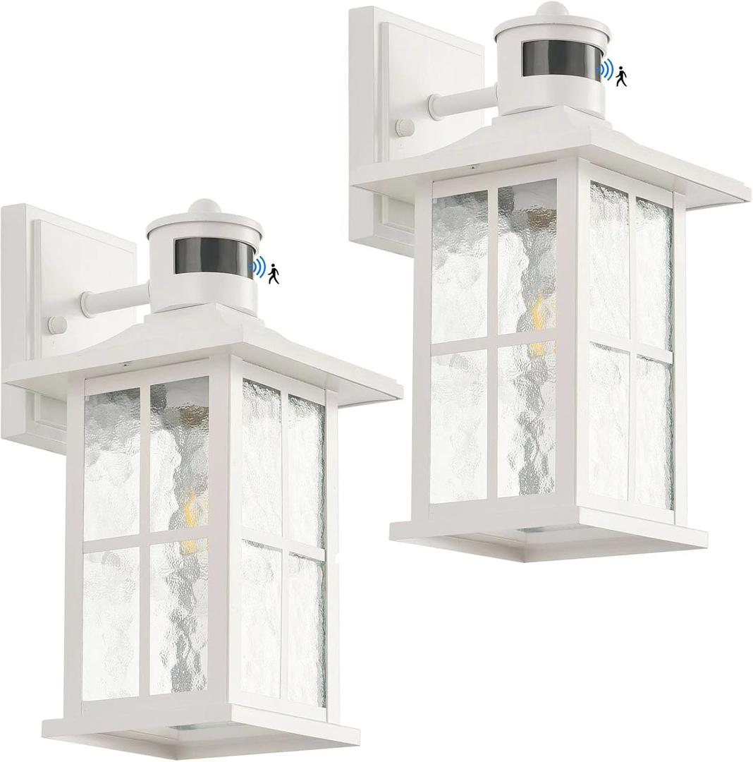FLEDAVID 2 Pack Motion Sensor Porch Lights Dusk to Dawn Outdoor Wall Lantern White Exterior Sconce Lighting Fixtures Waterproof Outside Garage Lamp Wall Mount for House Patio Front Door
