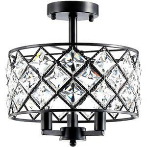 3 Lights E12 Modern Crystal Chandelier Black Round Semi Flush Mount Ceiling Light Fixture Farmhouse Chandelier for Dinning Room Living Room Bedroom Hallway Entryway Kitchen