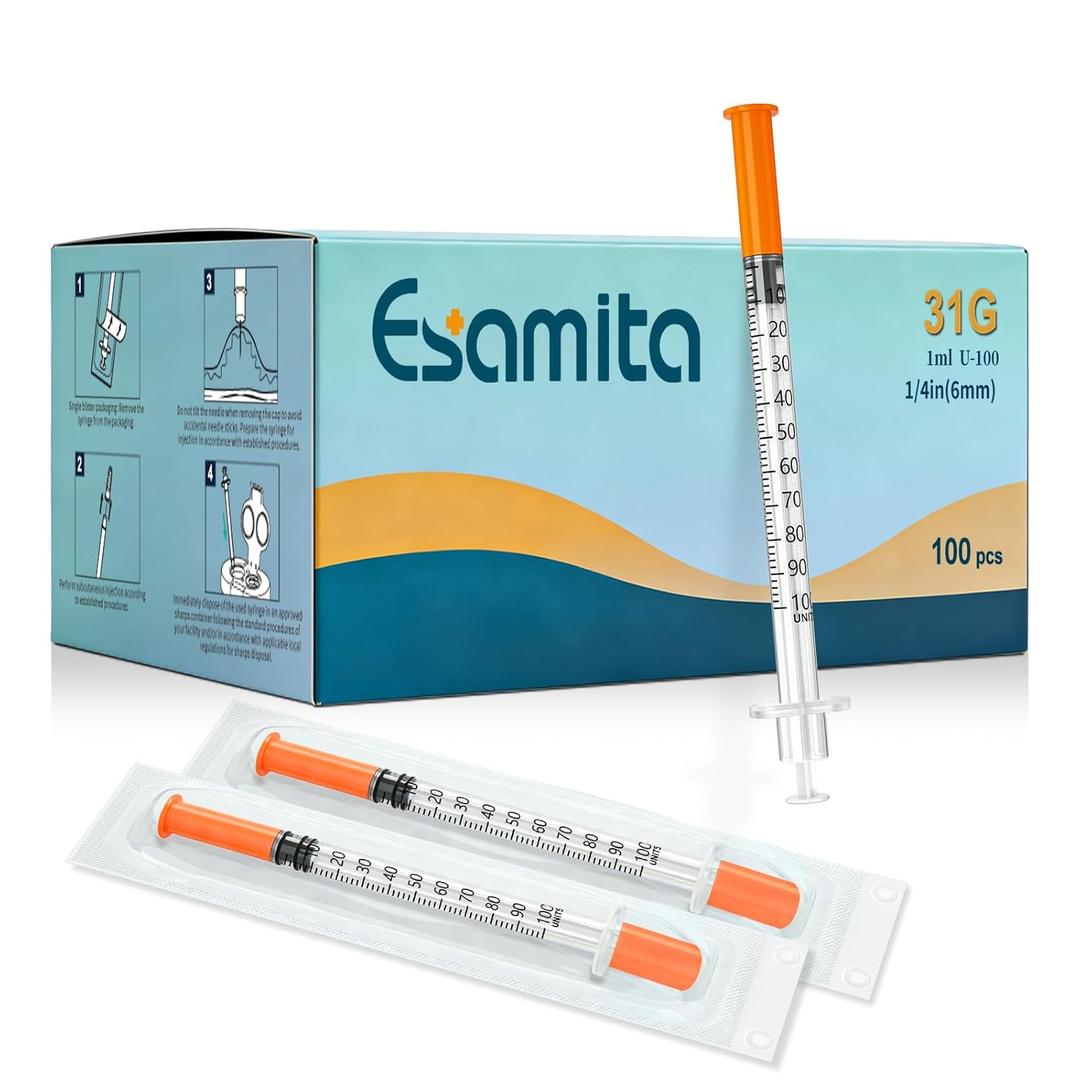 1 ml, 31G, 1/4" (6 mm) Syrings, envasadas individualmente, paquete de 100