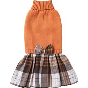 Orange Knitted Dog Sweater Dress, Dog Sweaters for Small Dogs Girl, Maltese Cat Apparel, Small (S) (Small (Pack of 1), Orange Preppy Plaid)