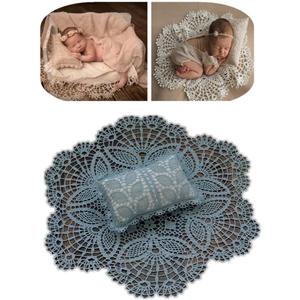 Coberllus Newborn Baby Photography Props Boys Girls Posing Posing Positioner Pillow & Hollow Out Lace Round Rug Backdrop Blanket Set (Blue)
