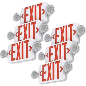 Red Led Exit Sign Emergency Light Combo Adjustable Two Head, Double Sided and Battery Backup Exit Light, Contractor Select, AC 120/277V (6 Pack)