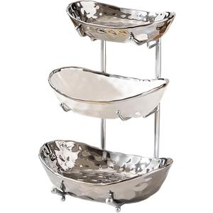 XUDREZ 3 Tier Fruit Bowl with Metal Stand for Kitchen Counter, Ceramic White Gold Silver, Tiered Fruit Basket for Nuts, Snacks, Bread, Candy Storage (Silver)