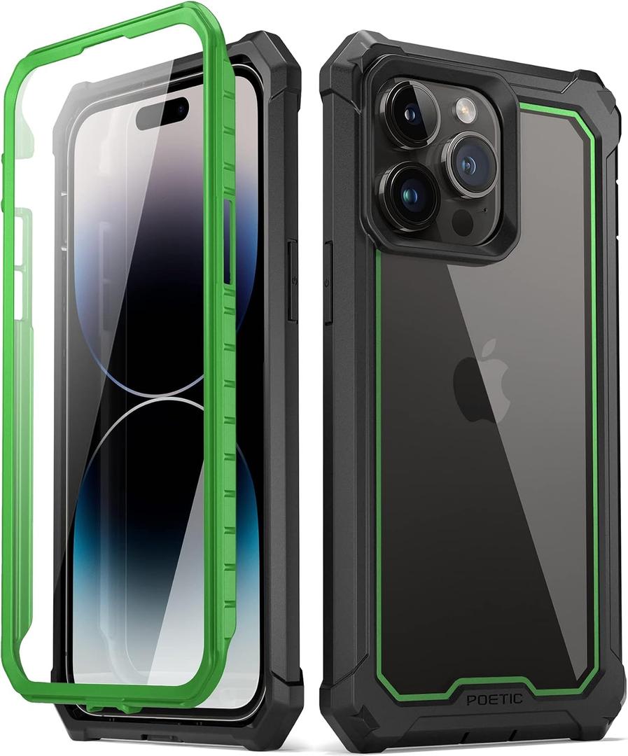 Poetic Guardian Case Compatible with iPhone 14 Pro 6.1 Inch, [20 FT Mil-Grade Drop Tested] Full-Body Hybrid Shockproof Protective Rugged Clear Cover Case with Built-in Screen Protector, Green/Clear