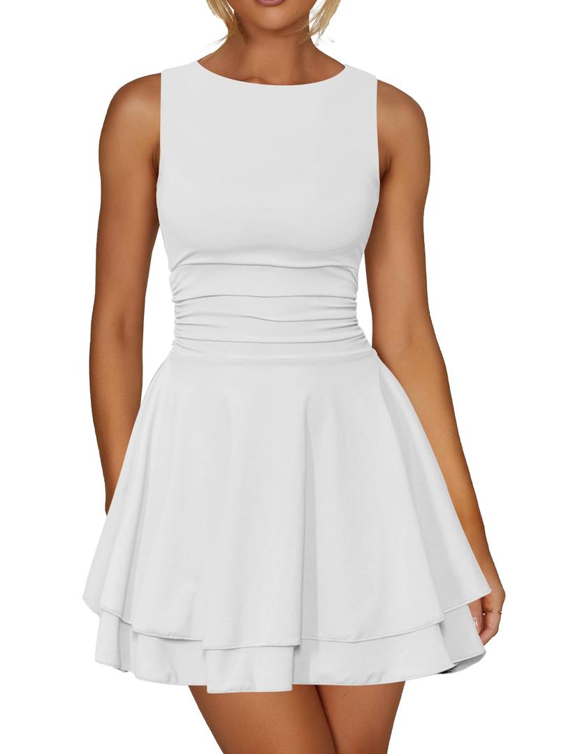 Kaximil Women's Square Neck Ruffle Hem Mini Dress Ruched Waist Medium, White