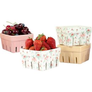 AELS Ceramic Berry Basket, Farmhouse Fruit Bowl Container for Fruit & Vegetables, Farmers Market, Pink Floral Pattern, Kitchen Decor, Stoneware Harvest Bowls, Set of 4
