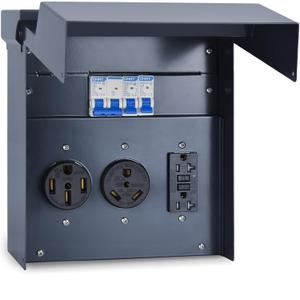 Temporary Power RV Outlet Box Panel with UL Listed 20 30 50 Amp Receptacle and Breaker, RV Electrical Panel with Outdoor Weatherproof Corrosion-Resistant Coating Metal Enclosure