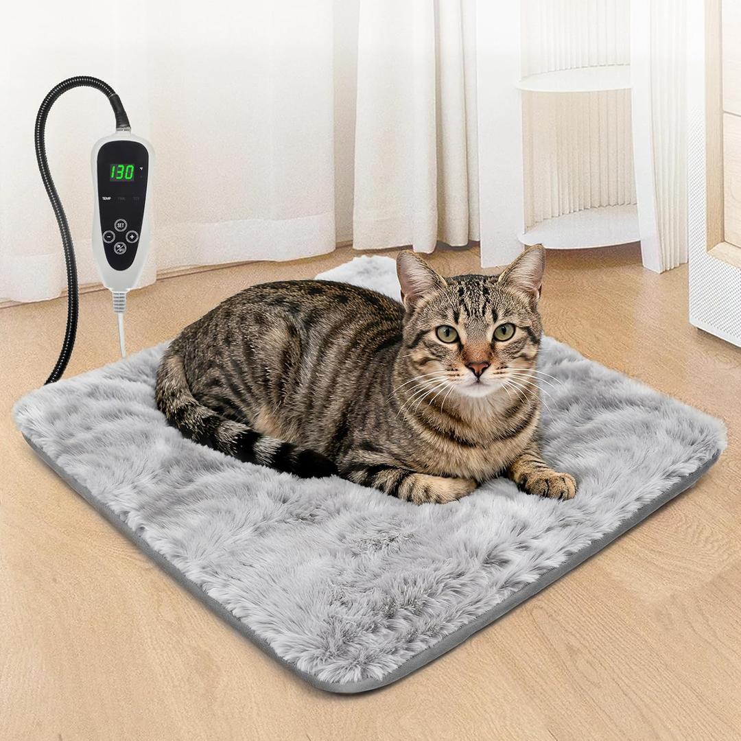 Cat Heating Pad 18x18 in with Smart Thermostat Switch and Power Line Protection Tube, Obtained MET and UL Dual Certification, Waterproof Pet Heating Pad for Cats, with Long Velvet Cloth Cover