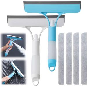 2 Pack 3 in 1 Window Cleaning Scraper, 3 in 1 Spray Squeegee, Window Squeegee Cleaner Tool with Built-in Spray Bottle and 4 Replaceable Sponges for Car Home Windows Glass and Tiles etc