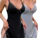CHICME Women 2-Pack Babydoll Lingerie Lace Trim Side Slit Modal Cami Sleep Dress Loungewear Sexy Night Gowns for Women Gray+Black-L