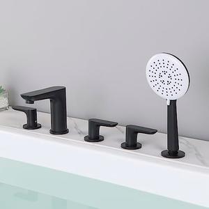 5 Hole Roman Tub Faucet with Hand Shower, Black Deck Mount Tub Filler, Bath Tub Faucet with Handheld Sprayer, 3 Handle Bathtub Faucet Set, Bathroom 5 Piece Brass Tub Faucet with Valve - Huifeidezhu