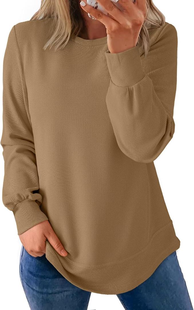 Dokotoo Women's Crew Neck Long Sleeve Shirts Waffle Knit Loose Tops Basic Tees 2026 Casual Comfy Fall Outfits Clothes (M)
