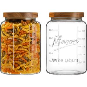 1 Gallon Glass Mason Jar with Airtight Wooden Lid, Wide Mouth Large Food Storage Container with Measurement Markings For Kitchen Pantry, Pickling, Cookies, Flour & Sugar - 2 Pack
