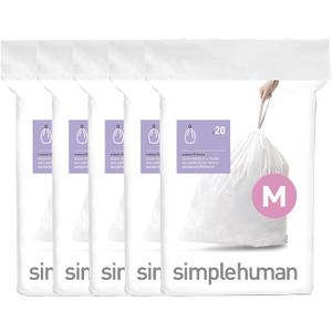 simplehuman Code M 100 Count, Dispenser Pack Custom Fit Liners, Drawstring Trash Bags, 45 Liter / 11.9 Gallon, White