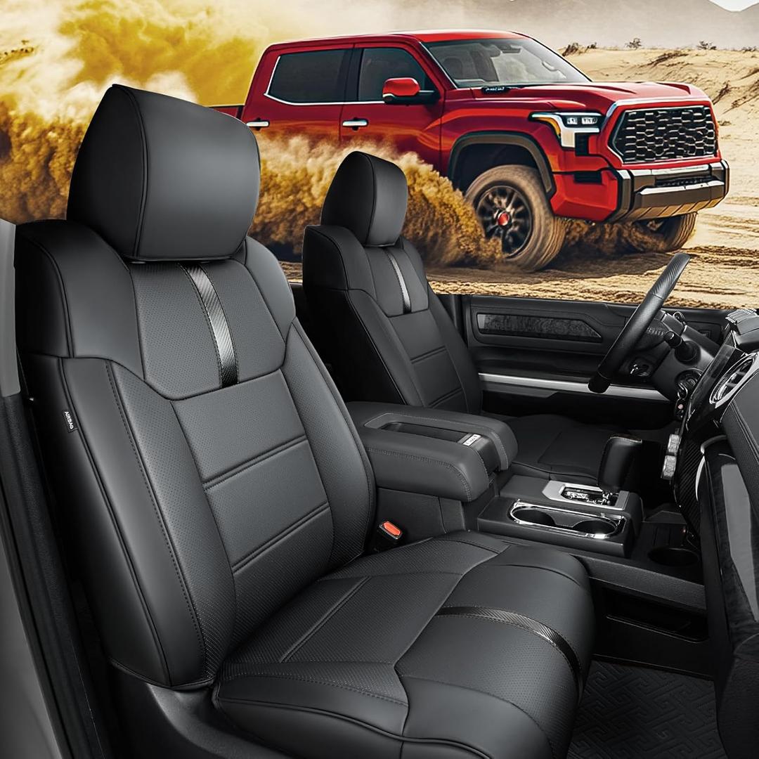 CreekT® Custom Waterproof Seat Covers: for Toyota Tundra 2014-2021 CrewMax Cab,Full Covered for Toyota Tundra Faux Leather Seat Covers with Carbon Fiber Accents 2021 2020 2019 2018 2017 2016 2015 2014