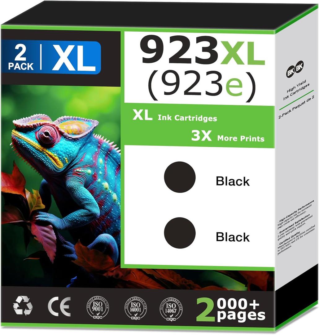923e 923XL Black Ink Cartridges Replacement for HP 923e Black Ink Cartridges Combo Pack, Compatible with HP Printer OfficeJet Pro 8125e 8130e 9120e 9125e Ink, 923 Black (2 Pack), Updated with V19.8.1