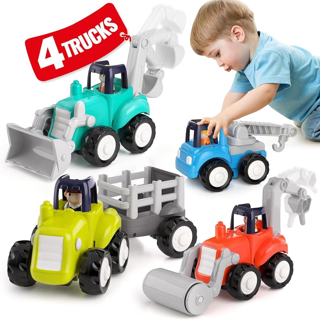 HOLA Toys for 1 2 Year Old Boy Toys Birthday Gift - 4 PCS Toy Cars 4WD Friction Power Truck, Toddler Toys 1-2, Baby Boy Cars for Toddlers 1-3 Easter Stocking Stuffers (4 Pcs Bright Color Toy Trucks)