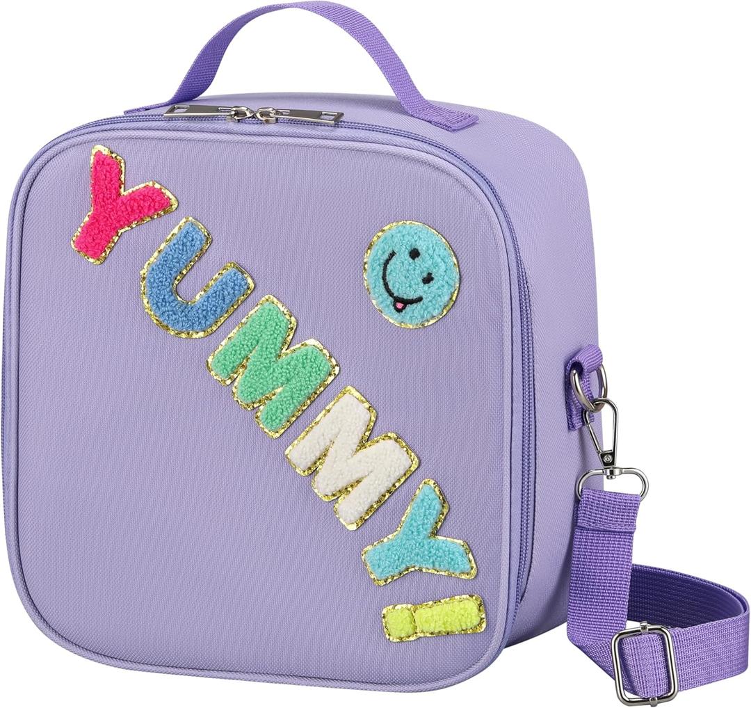 Aimsnk Reusable Insulated Lunch Bag for Kids Teens & Adults with Adjustable Shoulder Strap - Large Durable Lunch Bag Tote for School Travel Picnic Work - Leakproof Design Lunch Carrier (Purple-YUMMY)