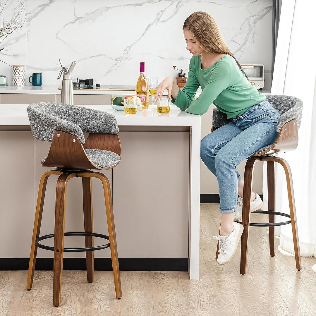 Glitzhome Bar Height Swivel Barstools Set of 2, 29.5 Seat Height Upholstered Fabric Bar Chairs with Back& Footrest, Walnut Wood Frame Bar Stools for Kitchen Island, Home Bar,Grey