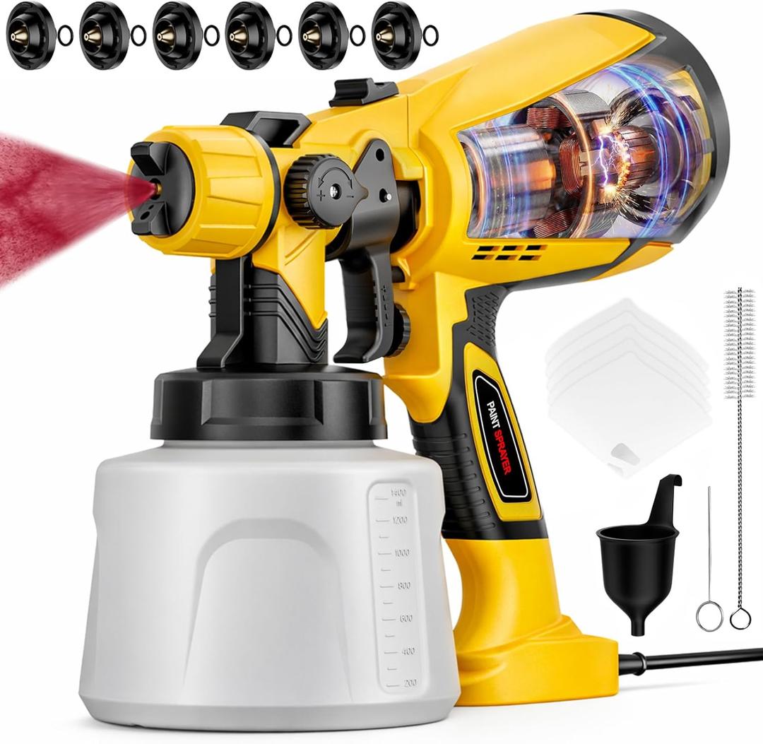 Paint Sprayer Indoor Outdoor, 1000W Electric Handheld HVLP Spray Paint Gun with 3 Patterns 6 Nozzles, Easy to Clean & Use, Stain Sprayer for House Painting, Furniture, Cabinets, Walls, Doors, Fences