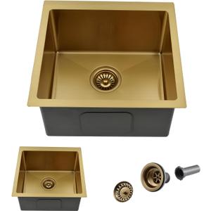 15 Inch Gold Undermount Bar Sink, 15x15 Bar Sink Undermount Gold Small Wet Bar 18 Gauge Single Bowl Stainless Steel Kitchen Sinks with Basket Strainer
