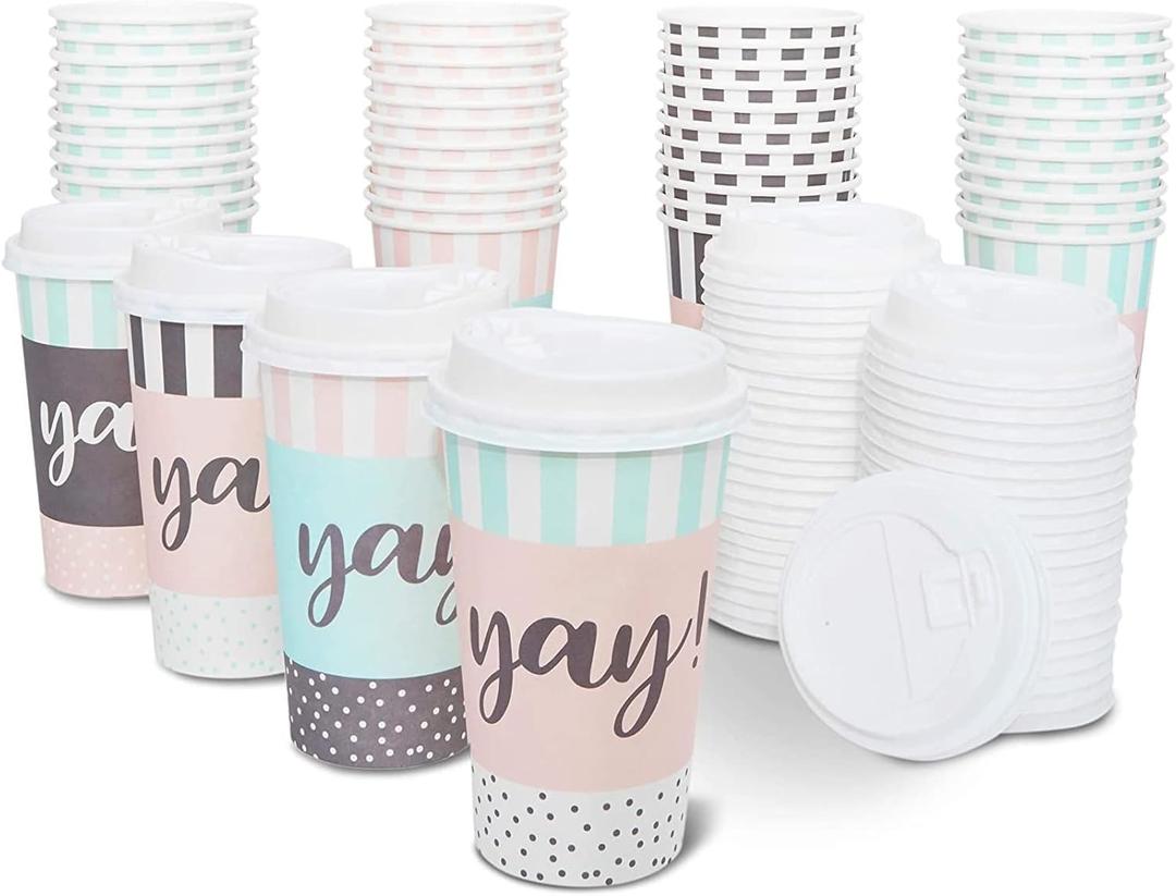 BLUE PANDA 48 Pack Disposable 16oz Coffee Cups with Lids - YAY Party Supplies - Paper To Go Cup for Themed Birthday Party, Wedding, Baby Shower