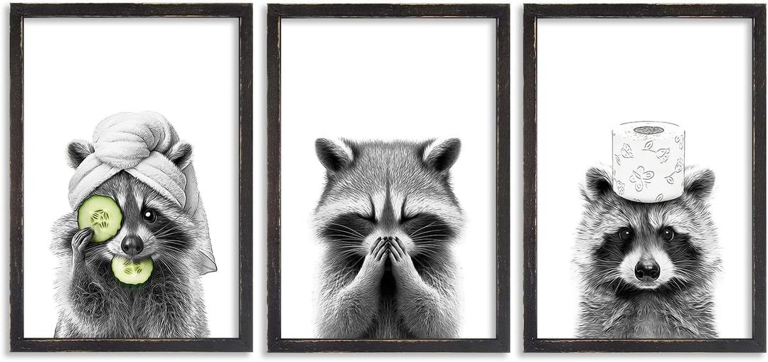 Adorable Raccoon Bathroom Wall Art Decor Set of 3 16x11 Inch Modern Funny Bathroom Sign Wood Framed Rustic Farmhouse Interestring Washroom Animal Prints Wall Hanging (Black)