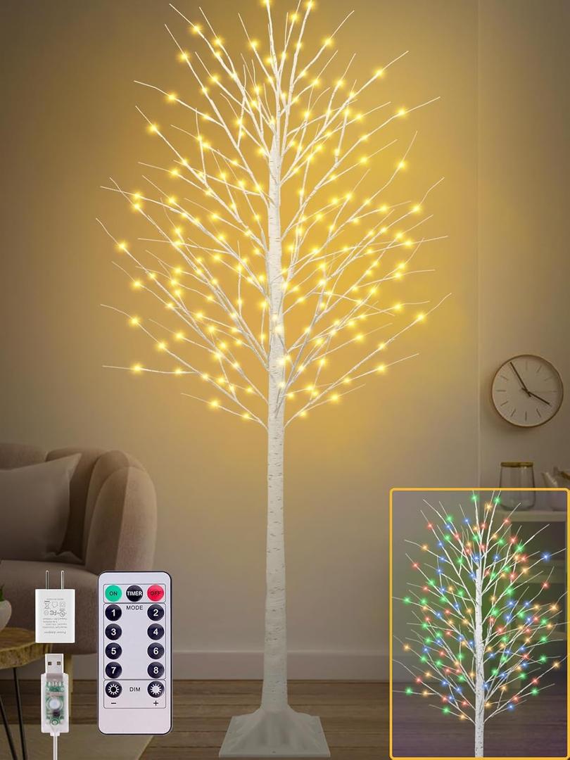 8FT Lighted Birch Tree with 210 LEDs Warm White and Multicolor Lights, 8 Functions Remote Faux Light Up Twig Christmas Tree with Lights for Indoor Outdoor Xmas Holiday Party Decoration