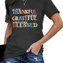 Thanksgiving Shirt for Women Fall Pumpkin Bow T-Shirt Funny Thankful Blessed Tee Tops (L)