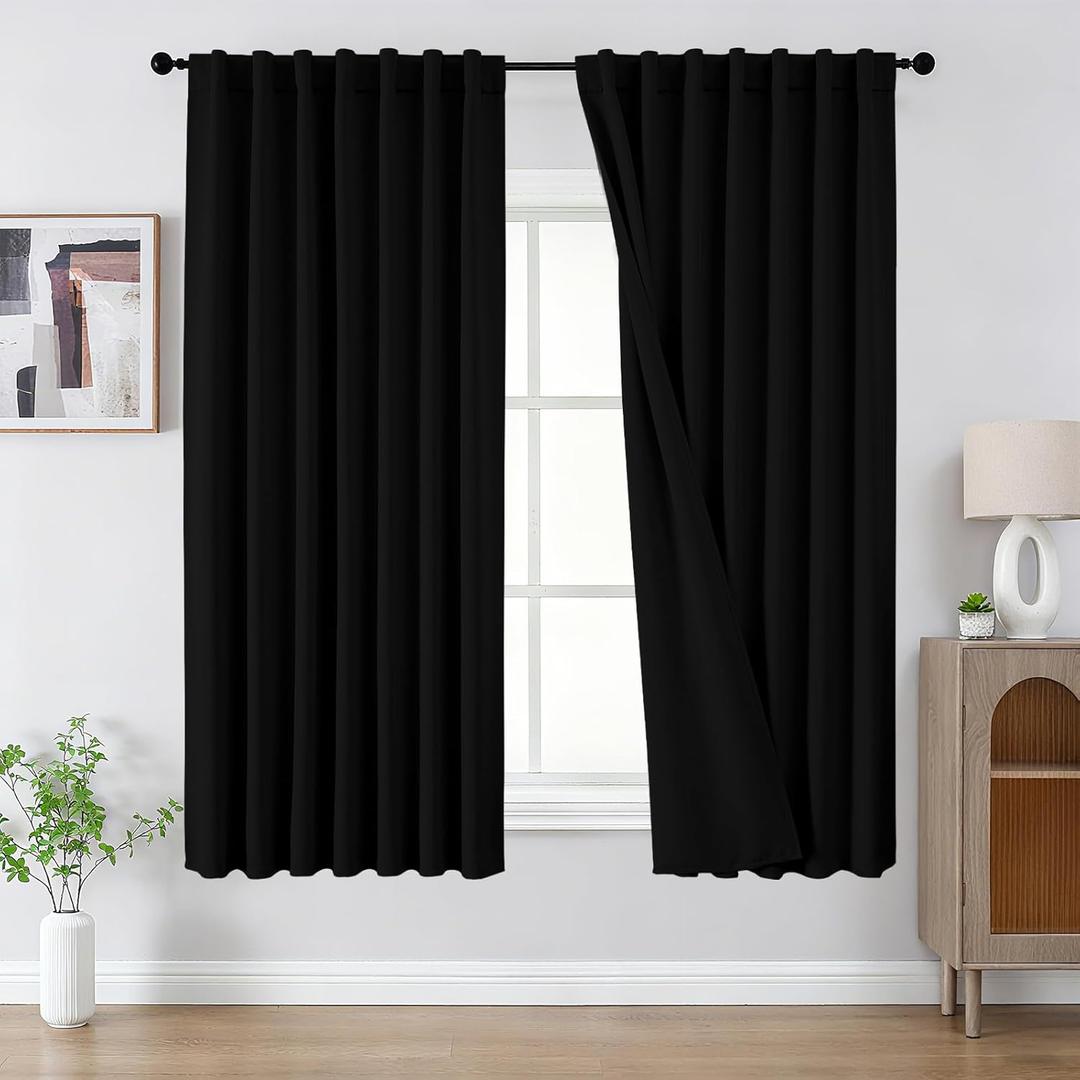 CUCRAF Blackout Curtains 54 Inches Length 2 Panels Set, Black Rod Pocket and Back Tab Window Curtain, Thermal Insulated Darkening Drapes for Bedroom Living Room (W52 x L54 Inch)