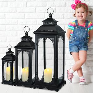 Mifoci Jumbo Black Metal Decorative Lanterns with Clear Glass Panel Hurricane Candle Lantern for Home Decor Party Event Tabletop Front Porch Wall Hanging Indoor Outdoor(3 Pcs,28'' 20'' 14'')