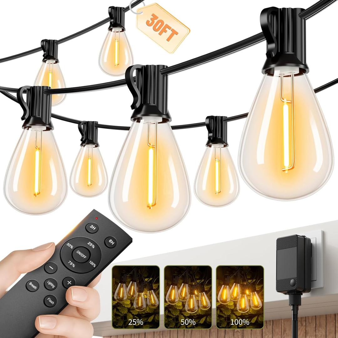 30FT LED Outdoor String Lights with Remote, One Continuous Strand Patio Lights with 10+1 Shatterproof S11 Bulbs, Dimmable 2200K Warm White, Timer & 3 Modes, Low Voltage for Backyard Garden