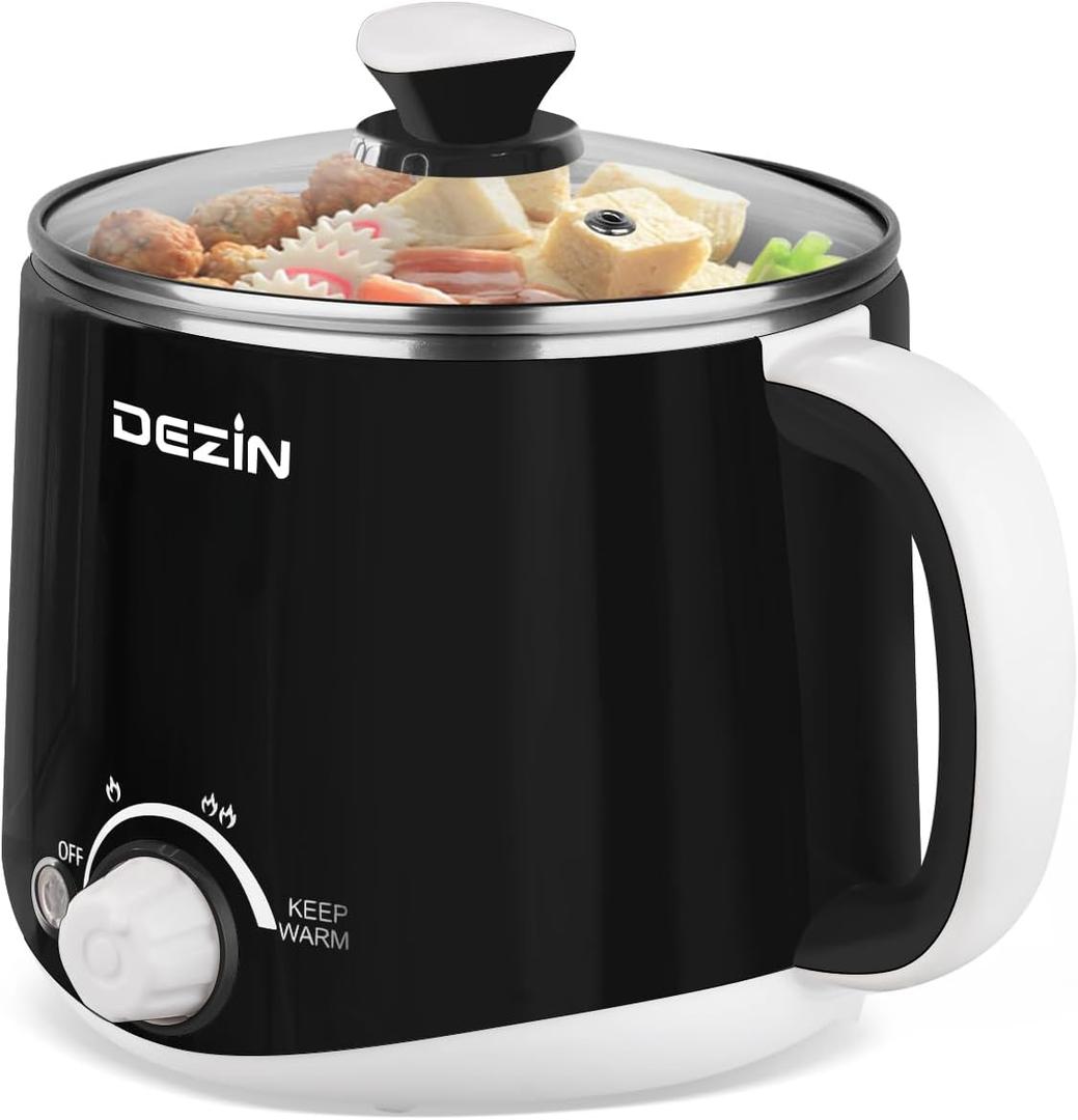 Dezin Hot Pot Electric, Rapid Noodles Cooker, Stainless Steel Electric Pot 1.6 Liter, Perfect for Ramen, Egg, Pasta, Dumpling, Soup, Porridge, Oatmeal with Temperature Control and Keep Warm Function (Black)