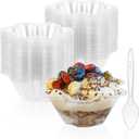 TOFLEN 8 oz Dessert Cups with Spoons, 100 Pack Clear Plastic Small Party Serving Bowls for Sundae, Parfait, Fruit, Strawberry Shortcake, Disposable Snack Bowls (Flower Shape)
