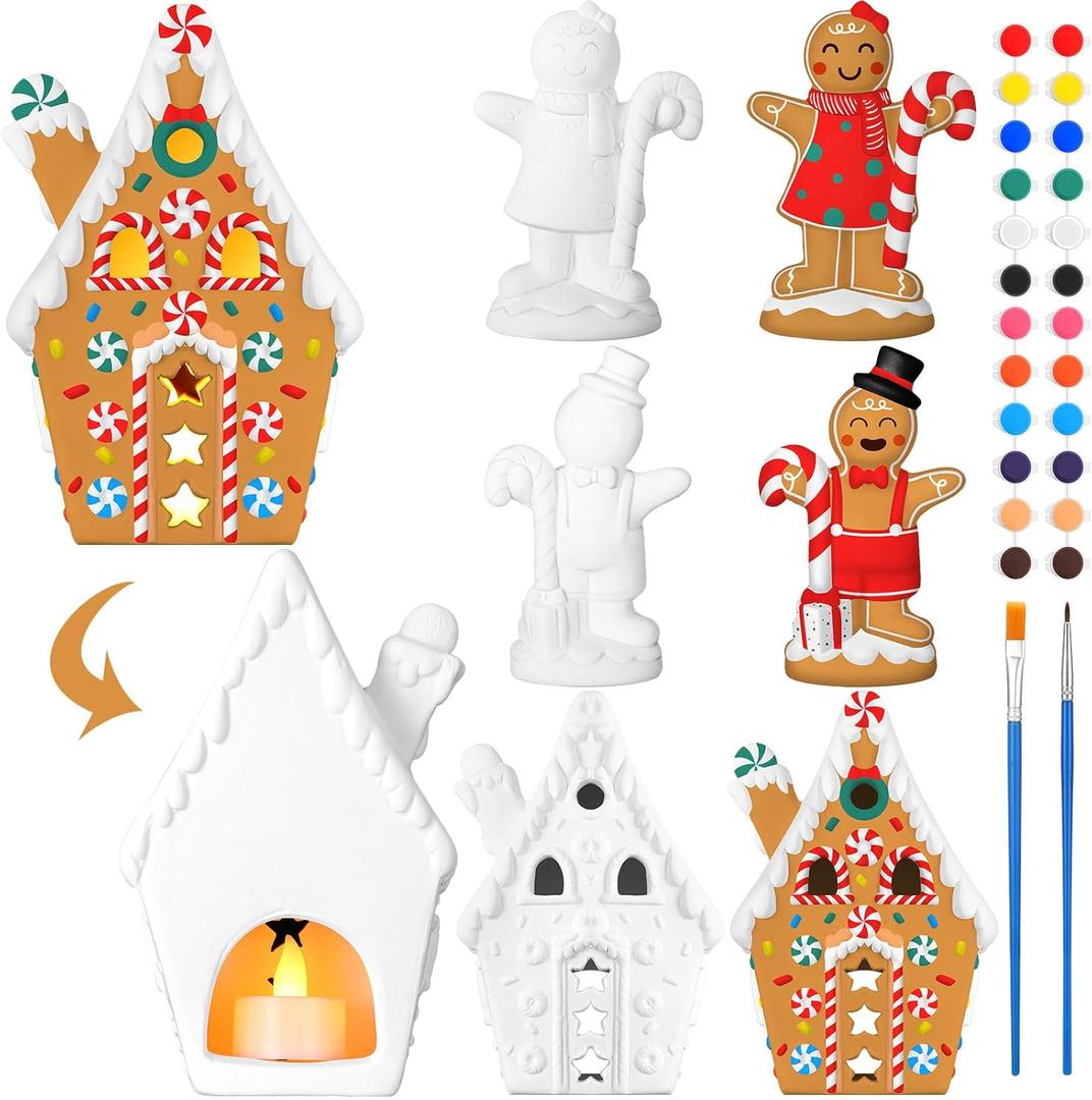 Blushtier 3 Pcs Christmas Ceramics to Paint 8 x 5.58 Inches Gingerbread Men Gingerbread House Paint Craft Kit Unpainted Ceramics Tea Candle Holder