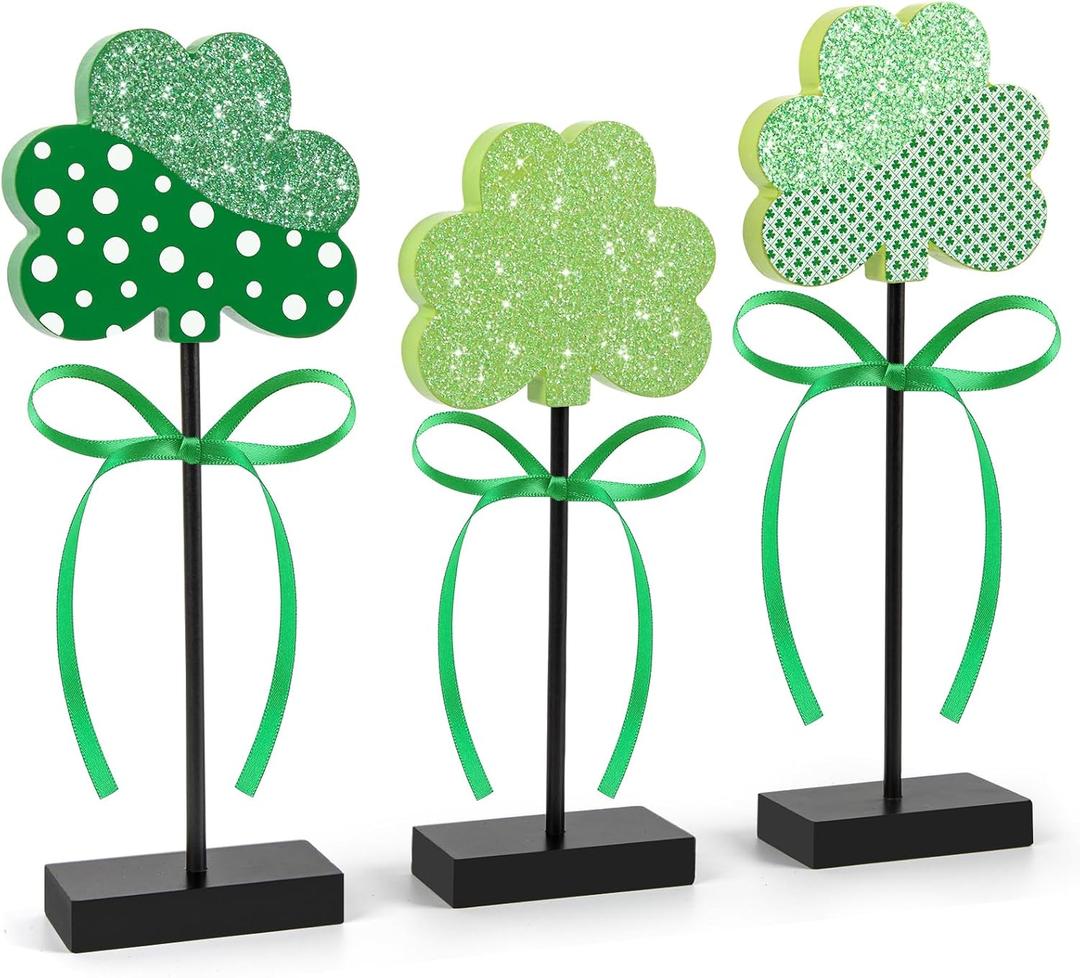 3 Pieces St. Patrick's Day Tiered Tray Decor, St. Patrick's Table Decor Shamrock Wooden Set, Irish-Themed Shamrock Decor, Green Lucky Shamrocks for Home Decor (Light Green)