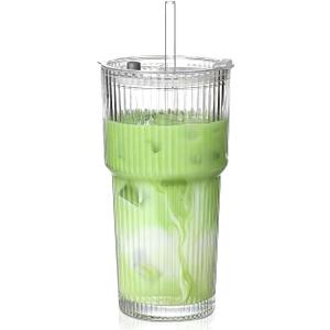 20 oz Glass Tumblers, Iced Coffee Cups with Lids and Glass Straws, Thickened Wall Ribbed Glass Cups, Ideal for Smoothies, Cocktails, and Juices  Vintage and Durable Drinkware  1 Pack