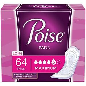 Poise Incontinence Pads, Maximum Absorbency, Long, 64 Count (Pack of 1)